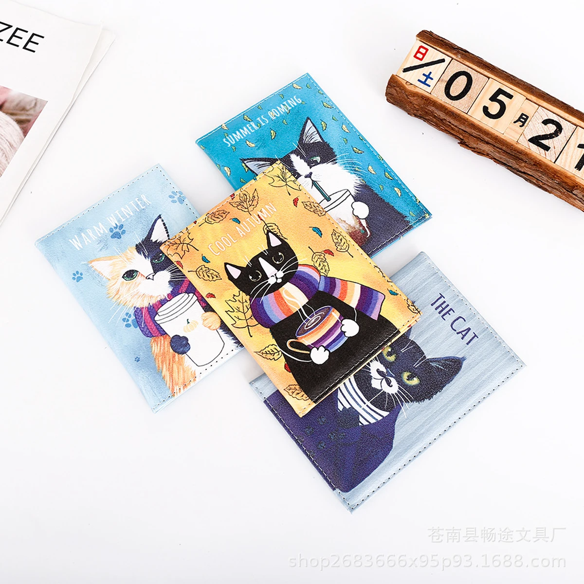 Cartoon cat, PU leather color-printed fashionable passport protective cover, travel document holder, air ticket protective cover