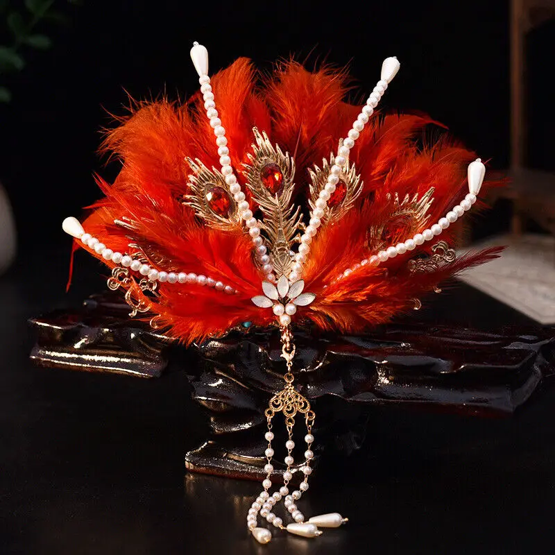 Traditional Chinese Feather Hairwear Gorgeous Hair Jewelry Headpiece Hanfu Accessory Bride Wedding Phoenix Tiara Crown Girls New