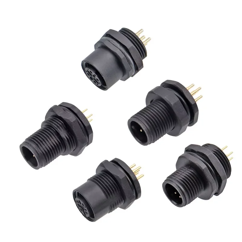 Waterproof M12 Plastic PCB Panel Mount Socket Connector 2 3 4 5 6 8 12 17 Poles Front Back Mount Male Female Screw M15