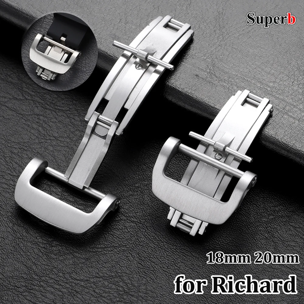 18mm 20mm New High Quality Stainless Steel Folding Button Double Press Butterfly Buckle for Richard Watch Strap Clasp Silver