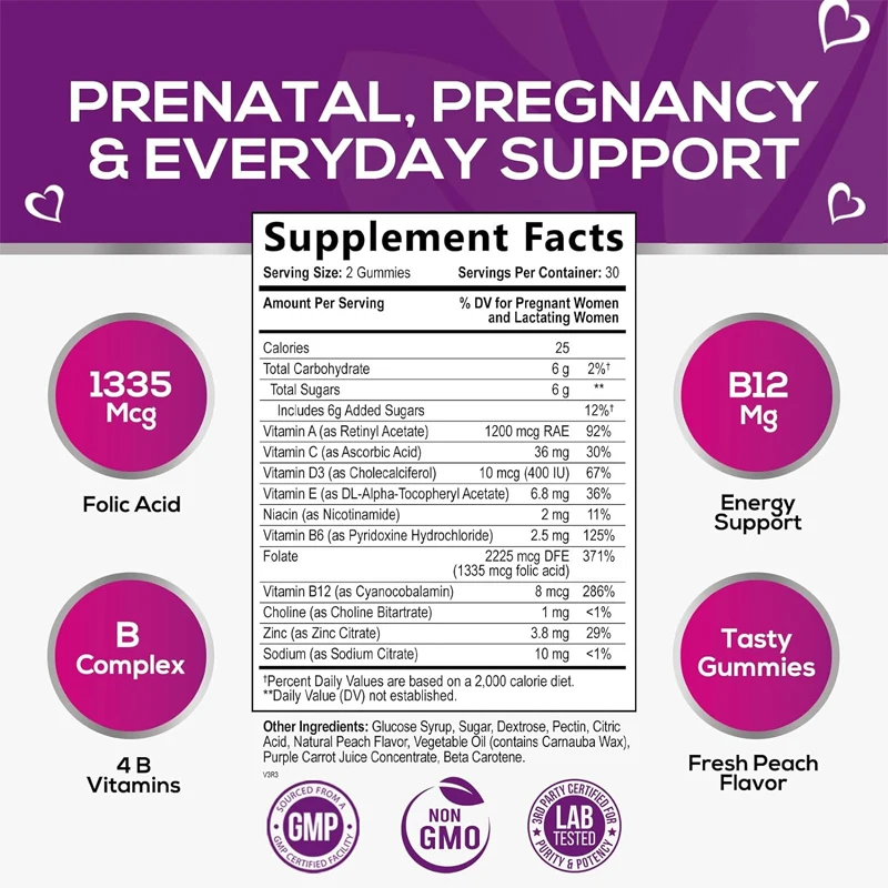 Folic acid prenatal multivitamin gummies, suitable for pregnancy and postpartum - non GMO and gluten free -60 gummies