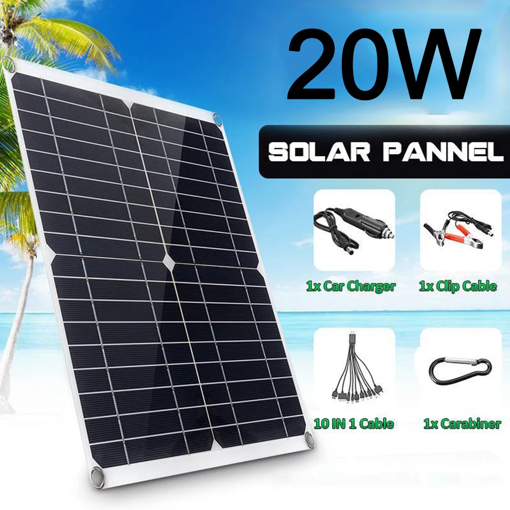 20W 18V Flexible Solar Panel Monocrystalline Solar Panel PET Film 2 USB Ports 10-in-1 Multi-function Charging Cable For Charging