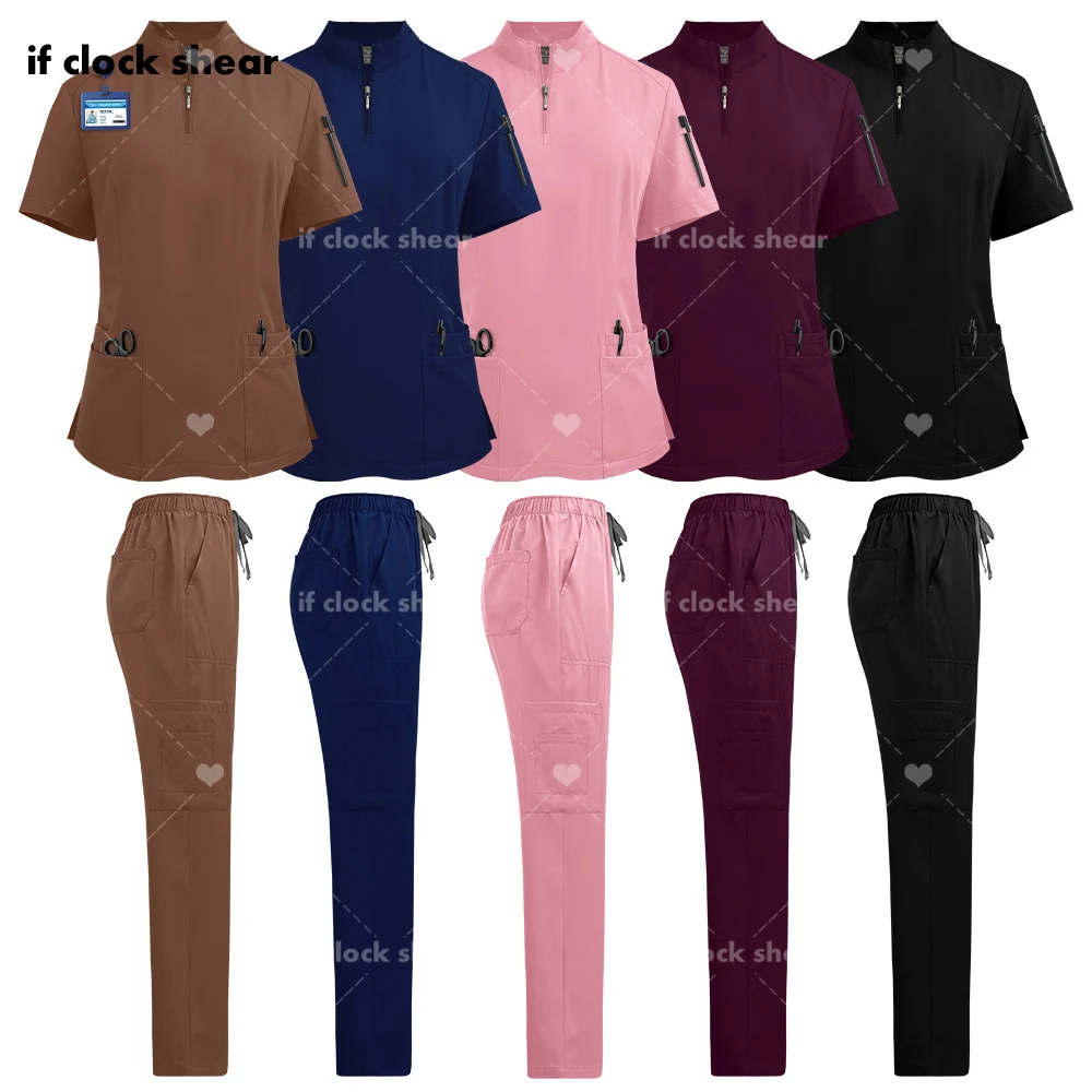 Uniformes médicos estiramento das mulheres, Salão de beleza Workwear, Scrubs Set, Farmacêutico, Terno cirúrgico, Clínica Odontológica Roupas, Enfermeira Acessórios