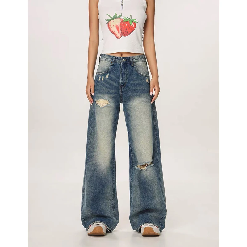 

ZHIZOU Autumn High Waist Ripped Women Blue Jeans American Vintage Streetwear Y2K Wide Leg Jean 2000s Trouser Baggy Denim Pants