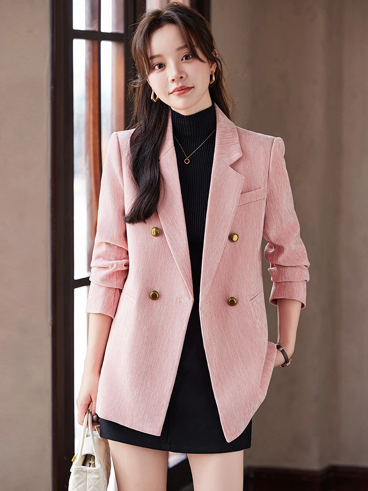 Pink Casual Loose Double-Breasted Velvet Women's Suit Jacket Spring Autumn 2026 New Style Fashionable Commute Style Polyester