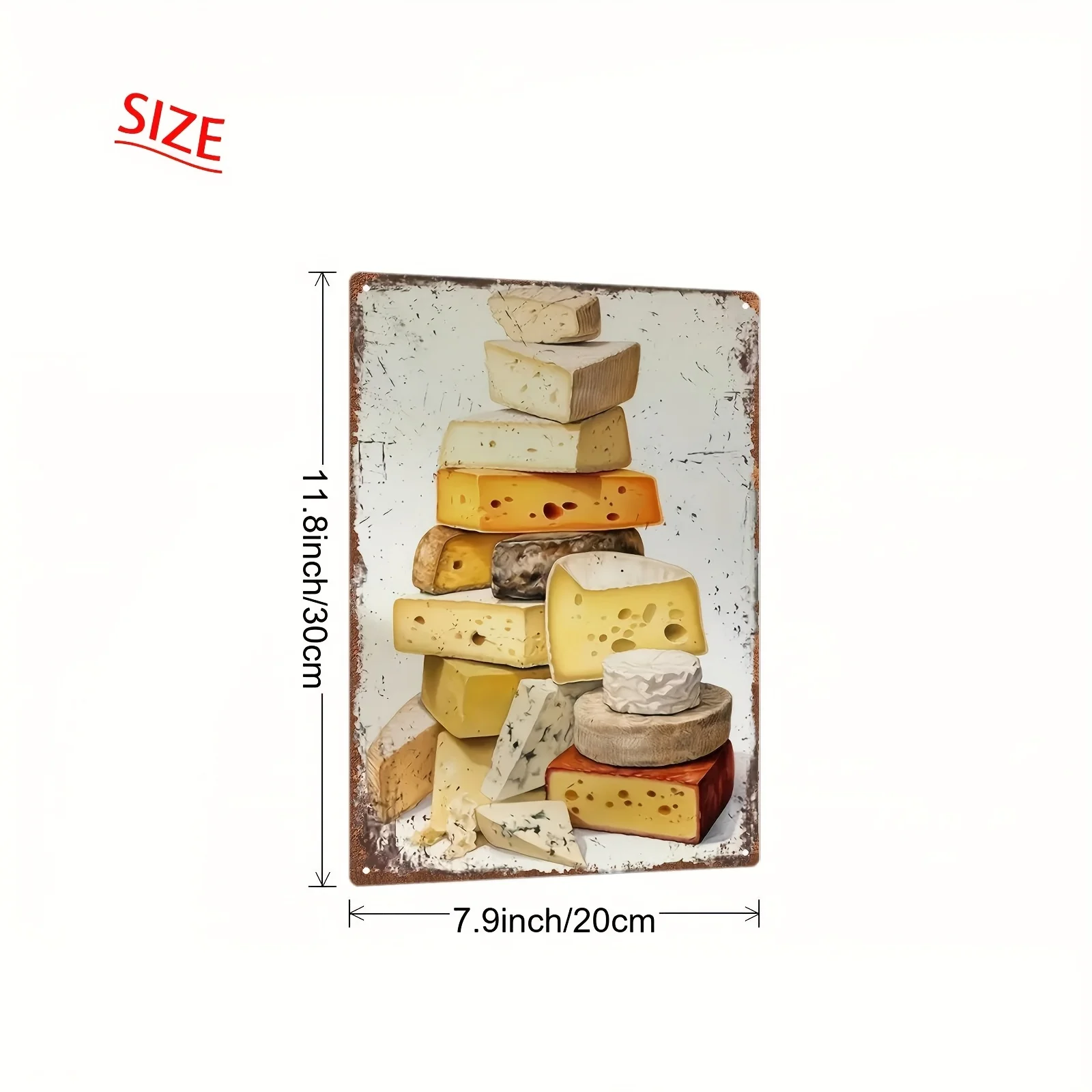 2D Flat - A 2D Vintage Iron Plaque Featuring a Depiction of Stacked Cheese Pieces, Measuring 20*30Cm/8*12Inch, Ideal for Decorat