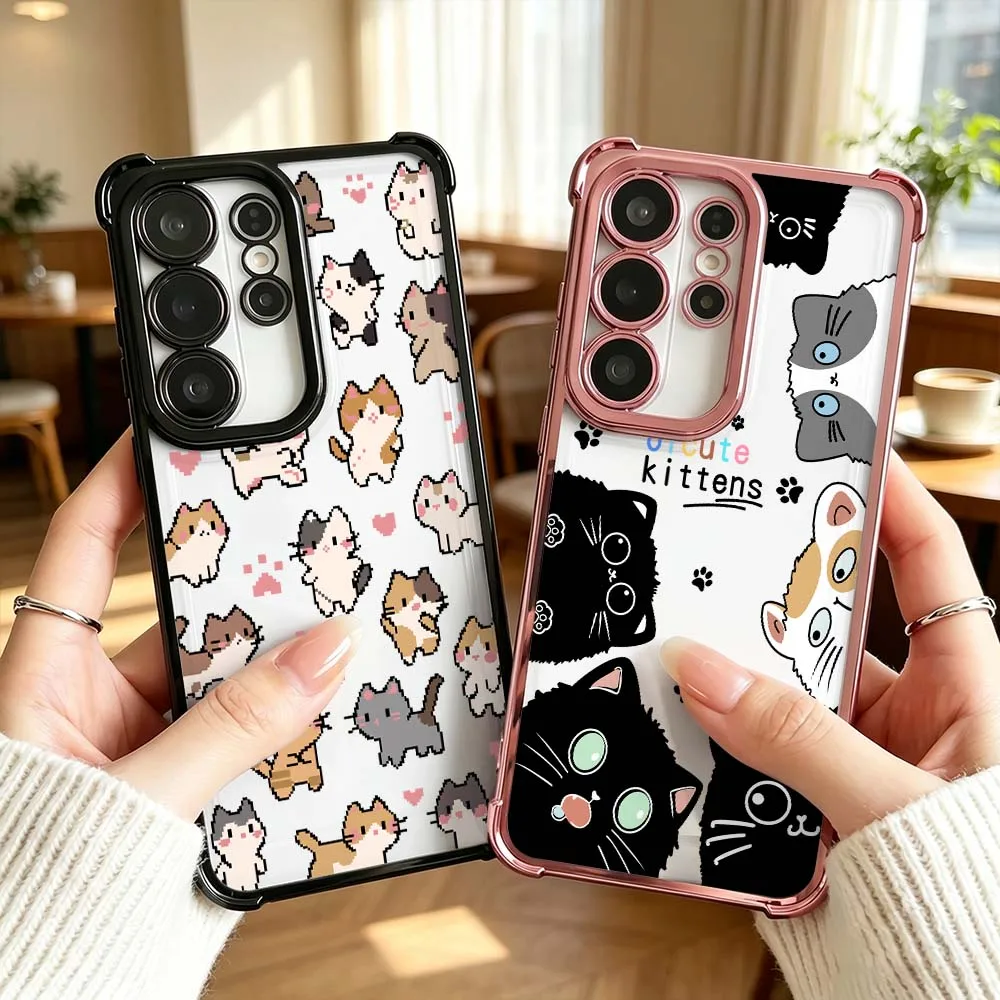 Simple Cute Kittens Pattern For Samsung Galaxy S26 S25 S24 S23 S22 Ultra FE Plus Electroplating Anti Fall Phone Case Cover