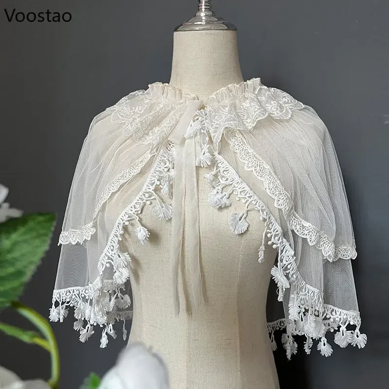 Kawaii Lolita Lace Short Cape Coat Sweet Ruffles Mesh Open Front Poncho Women Elegant Shawl Cardigan Top Cute Princess Outerwear