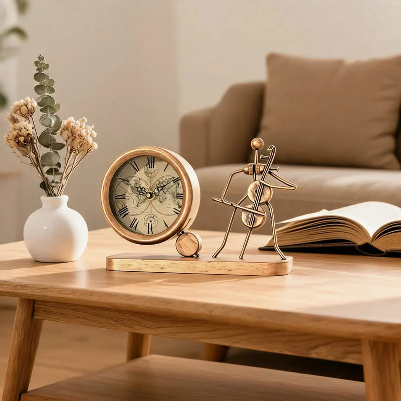 Iron Art Creative Desk Clock Silent Home Decor Vintage Roman Table Clock Modern Table Top Clock with Human Figure Sculpture