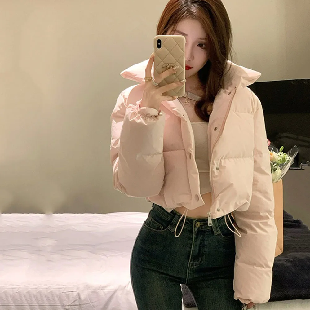 Korean Pink Cotton Jackets For Women Warm Slim Short Parkas Coat Casual Fashion Bread Clothing Ladies Sweet Solid Cotton Outwear