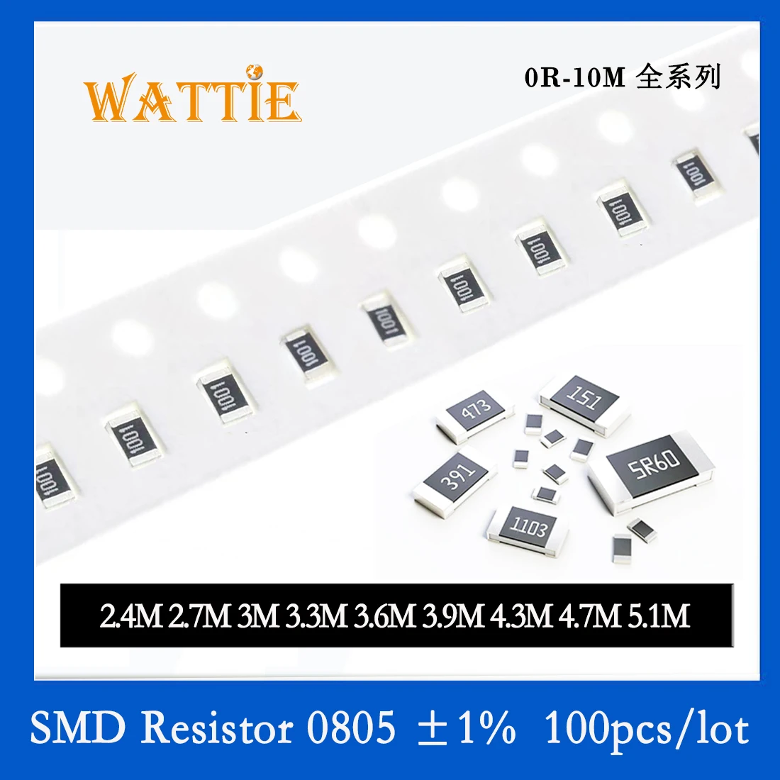 Resistência Smd 0805, 1m, 1.1m, 1.2m, 1.3m, 1.5m, 1.6m, 1.8m, 2m, 2.2m, 100 pcs/lot, resistências de chip, 1/8w, 2,0 milímetros x 1,2 milímetros