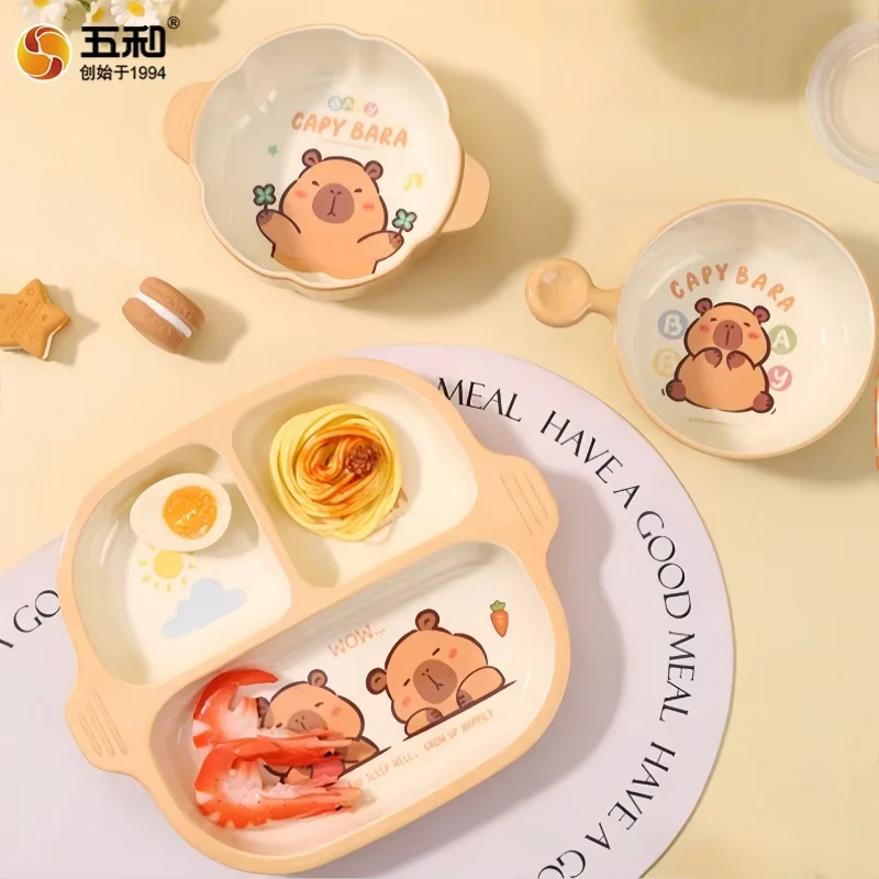 

For Capybara Children Tableware Cartoon Double-ear Bowl Plate Heat-Resistant Dining Plates Water Cups BPA-Free Baby Rice Bowls