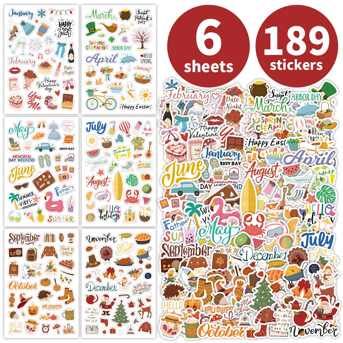 6sheets-189pcs Holiday Festive Occasion Themed Stickers,Motivational Phrases Design,For Planners,Diy Scrapbooks,Gift Wrap Decals