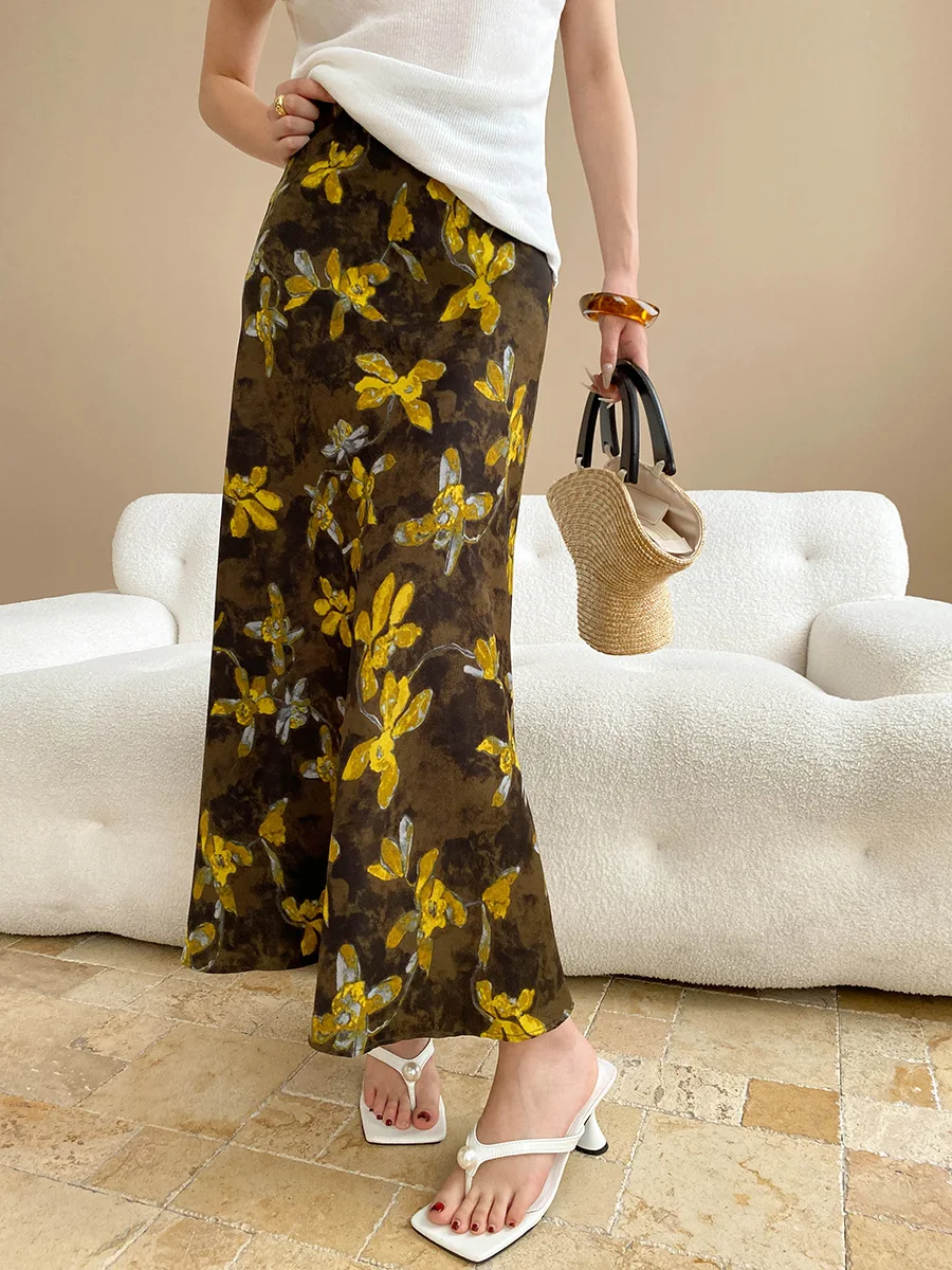 

French Oil Painting Style Design Floral High Waist Slimming Fish Tail Wrapped Buttocks A-Line Skirt