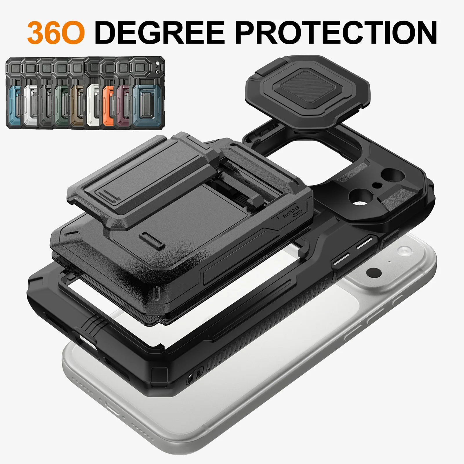 Shockproof Bracket Armor Card Slot Wallet Case For iPhone 17 16 15 14 13 Pro Max Plus Camera Lens 360 Degreed Protection Cover