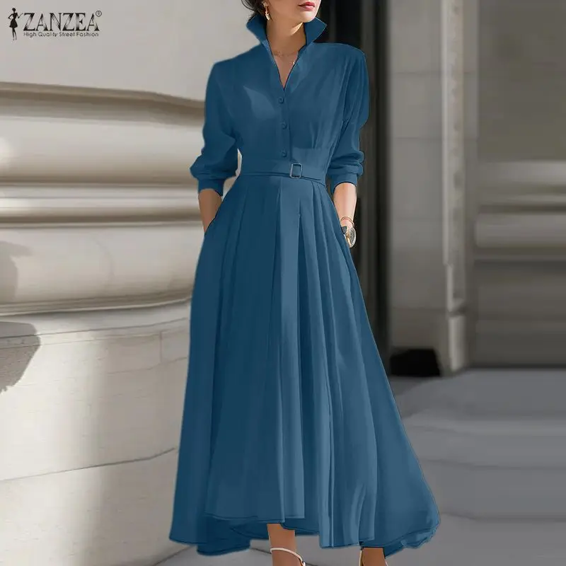 Women Spring OL Work Dresses 2026 ZANZEA Elegant L.apel Neck Long Sleeve Sundress Solid Belted Robe Stylish A Line Party Dress view 5