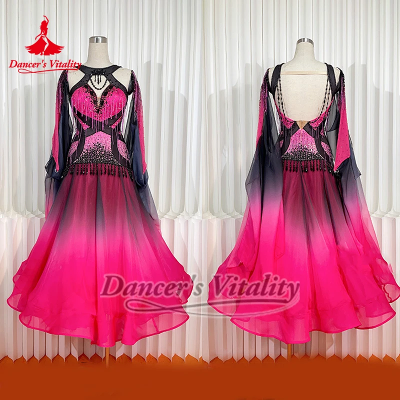 Waltz Long Sleeves Competition Performance Outfit Ballroom Dance Adult Black-rose Gradient Color Backless Big Swing Dresses
