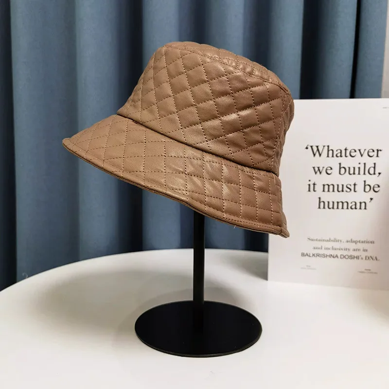 New Women Autumn Winter Solid Color Versatile Rhombus Fisherman Hat Korean Style Outdoor Warm Cold-Proof Fashionable Bucket Cap 4