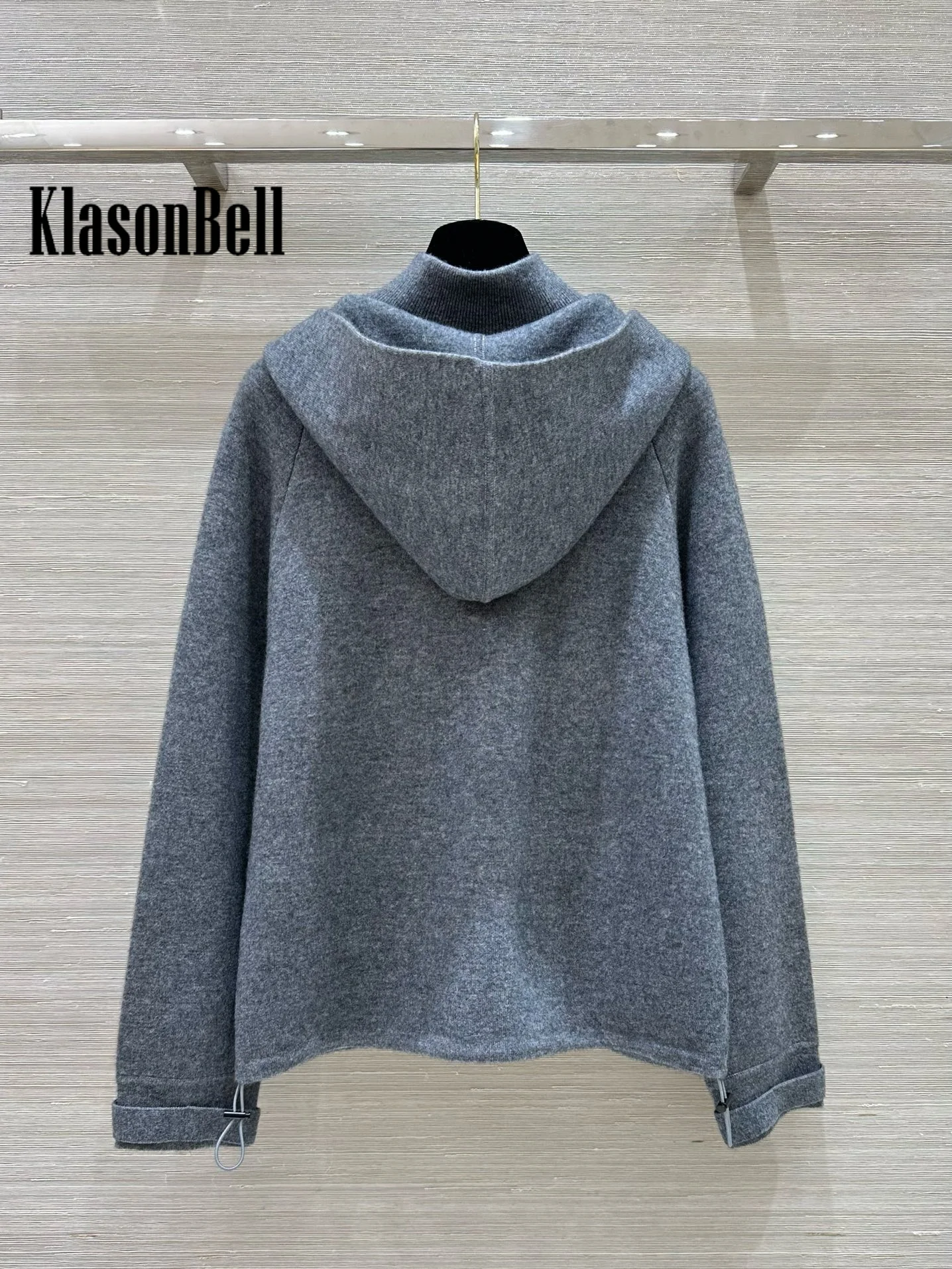 8.22 KlasonBell Women Fashion Stand Collar Hooded Cashmere Jacket Detachable Adjustable Big Pocket Zipper Coat