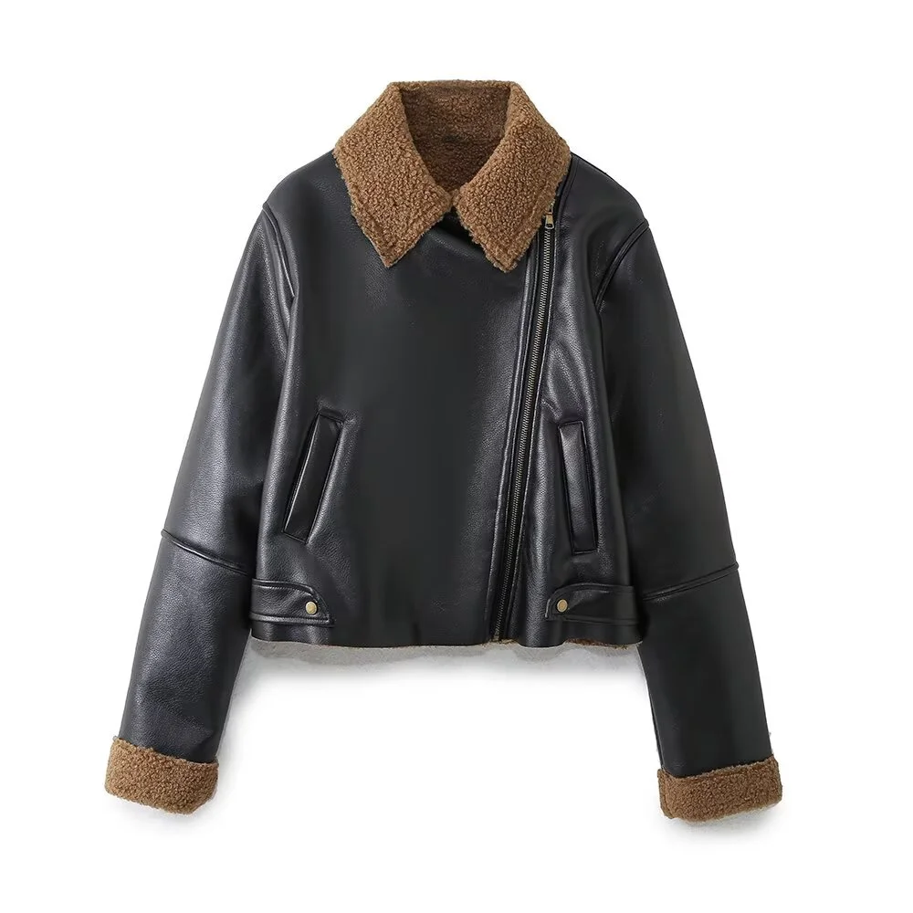 

2025 зимняя новая женская повседневная модная простая мотоциклетная куртка с лацканами и длинными рукавами на молнии с флисовой подкладкой