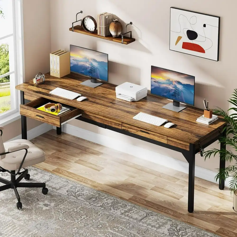

78.7"" Extra Long Computer Desk, Two Person Desk Double Desk With 2 Drawers, Home Office, Rustic Brown