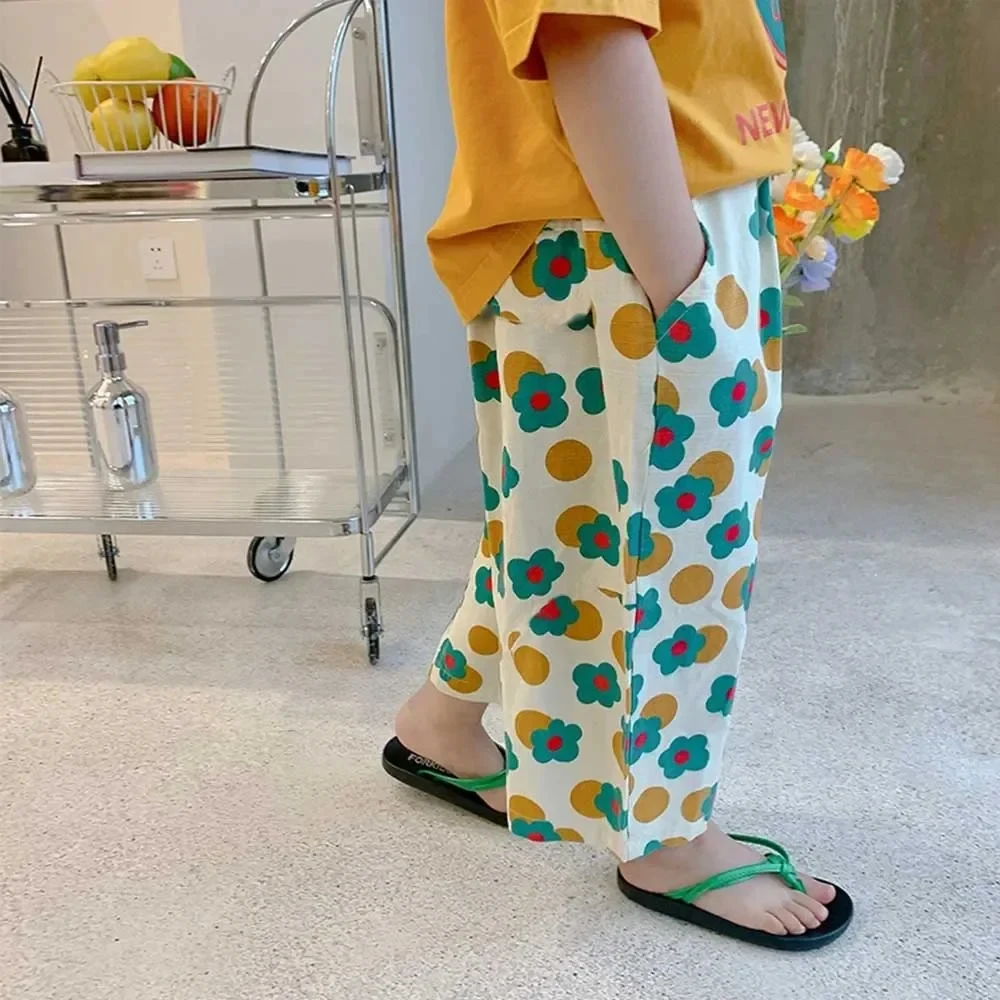 Baby Girls Wide Leg Pants Kids Korean Style Clothes 2024 Summer Baby Floral Trousers 1-6Yrs Children\'s Elastic Waist Loose Pant