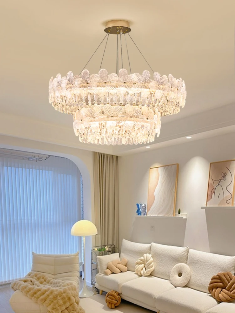Double-layer Flower Crystal Ceiling Lights Chandelier Modern Gold Hotel Living Room Decor Lights Fixture Round Pendant Light