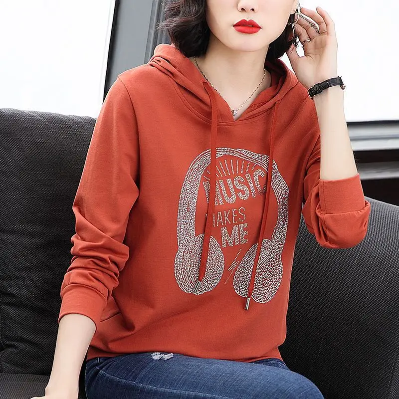 Women\'s Solid Color Hooded Drawstring Hoodies Spring and Autumn Thin Loose New Korean Printed Diamonds Long Sleeve Pullover Tops