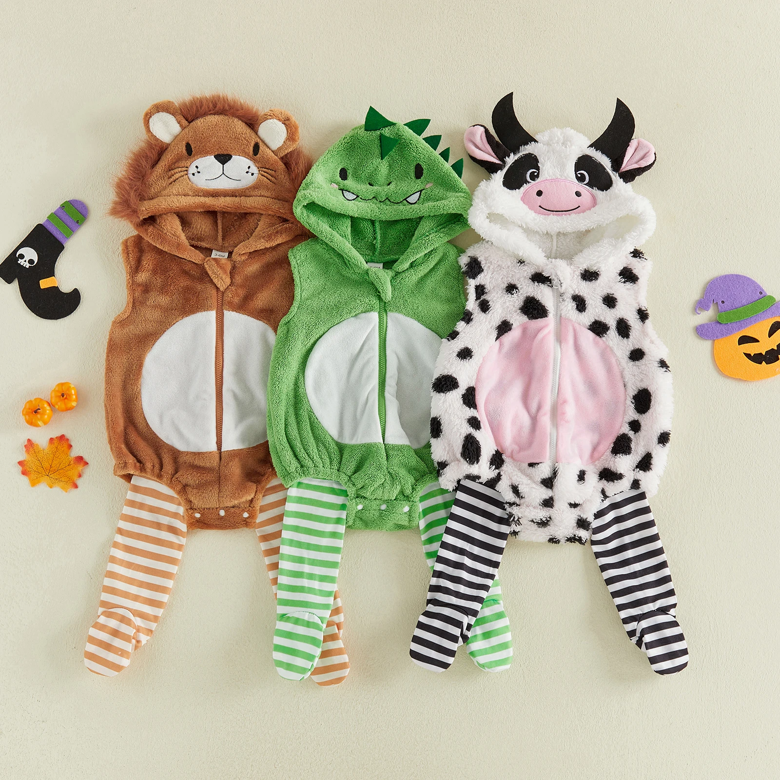 Baby Sleeveless Romper Character Hood Dinosaur/Lion/Cow Fleece Jumpsuit with Striped Leg Warmers Halloween Costume