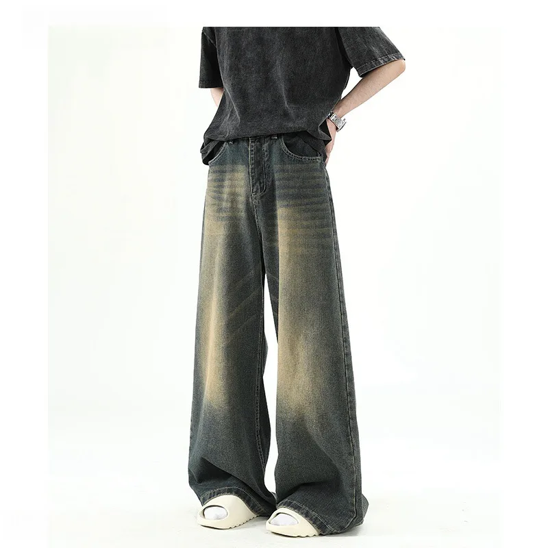 Retro Yellow Mud Old Washed Jeans Men's And Women's American Street Loose Straight Versatile Casual Pants Mopping Trousers