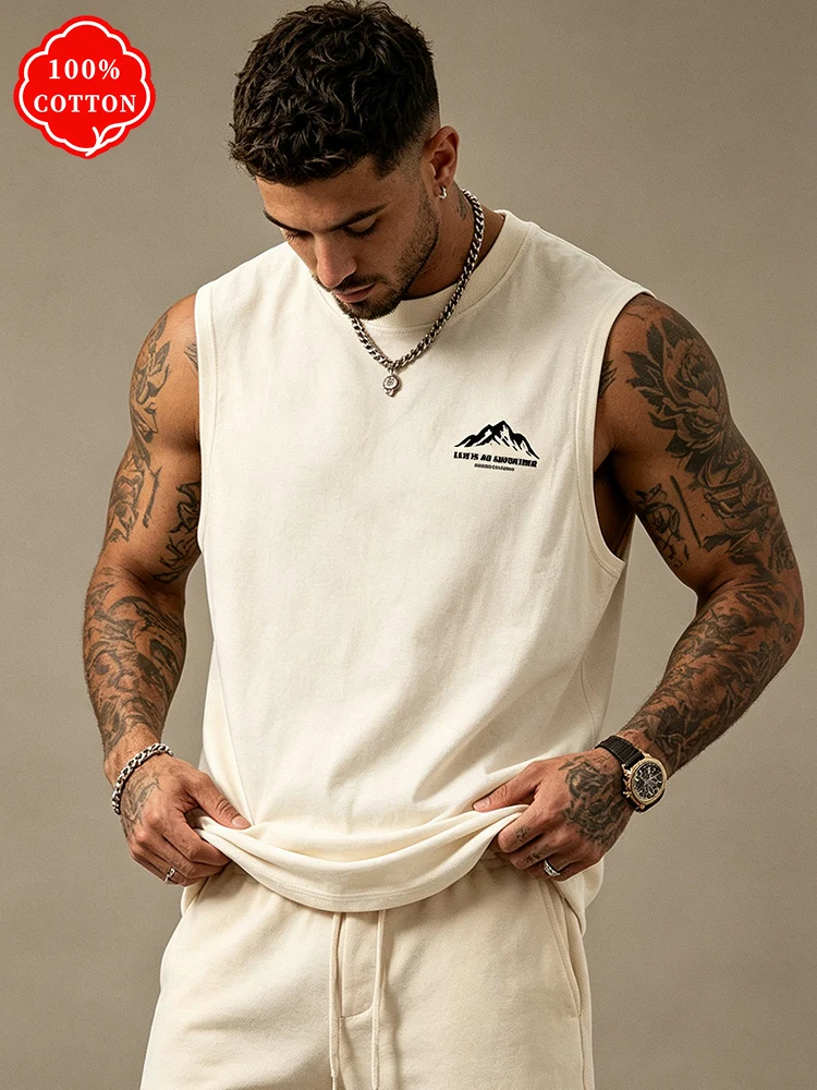100% cotton men's summer sleeveless top Minimal Mountain Graphic Sleeveless Tee Soft Cotton Daily Wear Streetwear Tank Vest-T76
