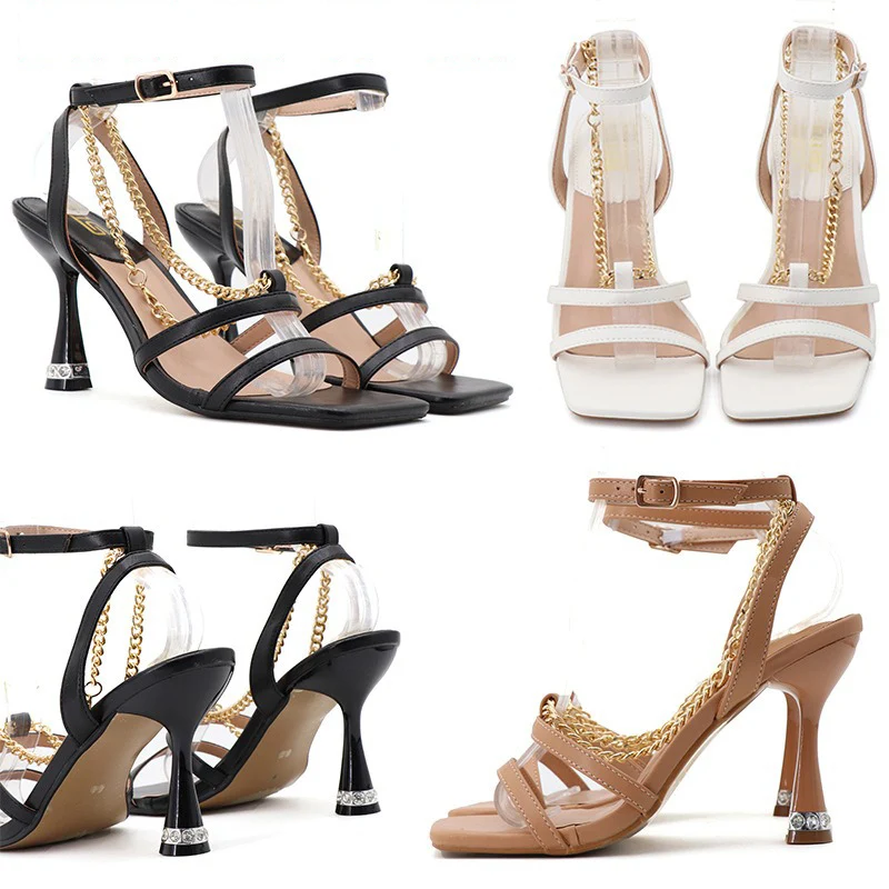 Summer 10cm High Heels Party Drag Queen Sandals Metal Chain Ankle Strap Heels Square Toe Sandles Lady Sexy Fetish Brown Shoes