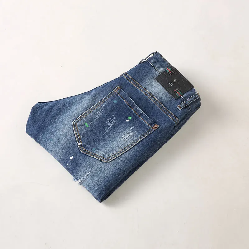 Street Fashion Men Jeans Retro Blue Elastic Skinny Ripped Jeans Men Vintage Trousers Painted Designer Hip Hop Denim Pants Hombre