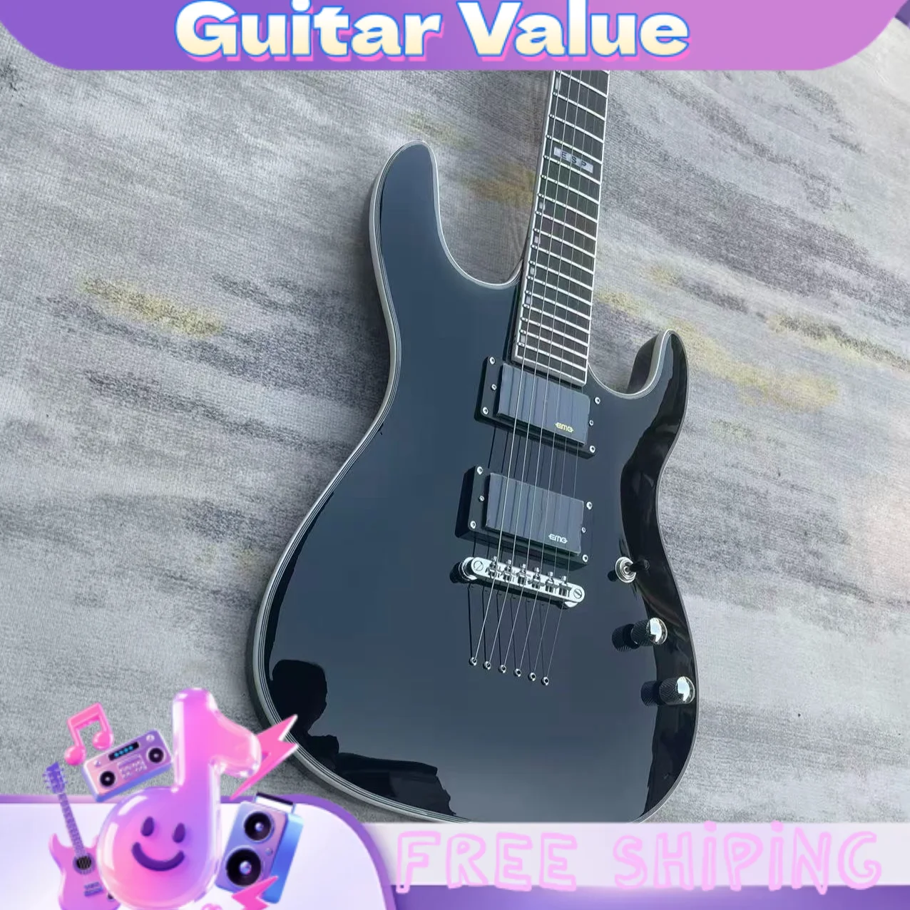Black Ultra-Thin ESP-Style Electric Guitar  HH Pickups 24 Tone Sealed Active Pickups with Fixed Bridge