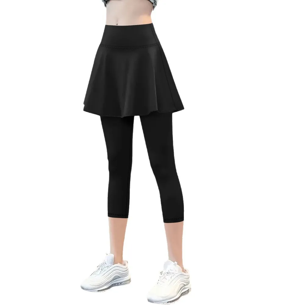 سروال نسائي أوروبي أمريكي مزيف مكون من قطعتين 7/8 سكورت - خصر عالي مع جيب من حرير الحليب كاجوال للتمرين لملابس خارجية #5