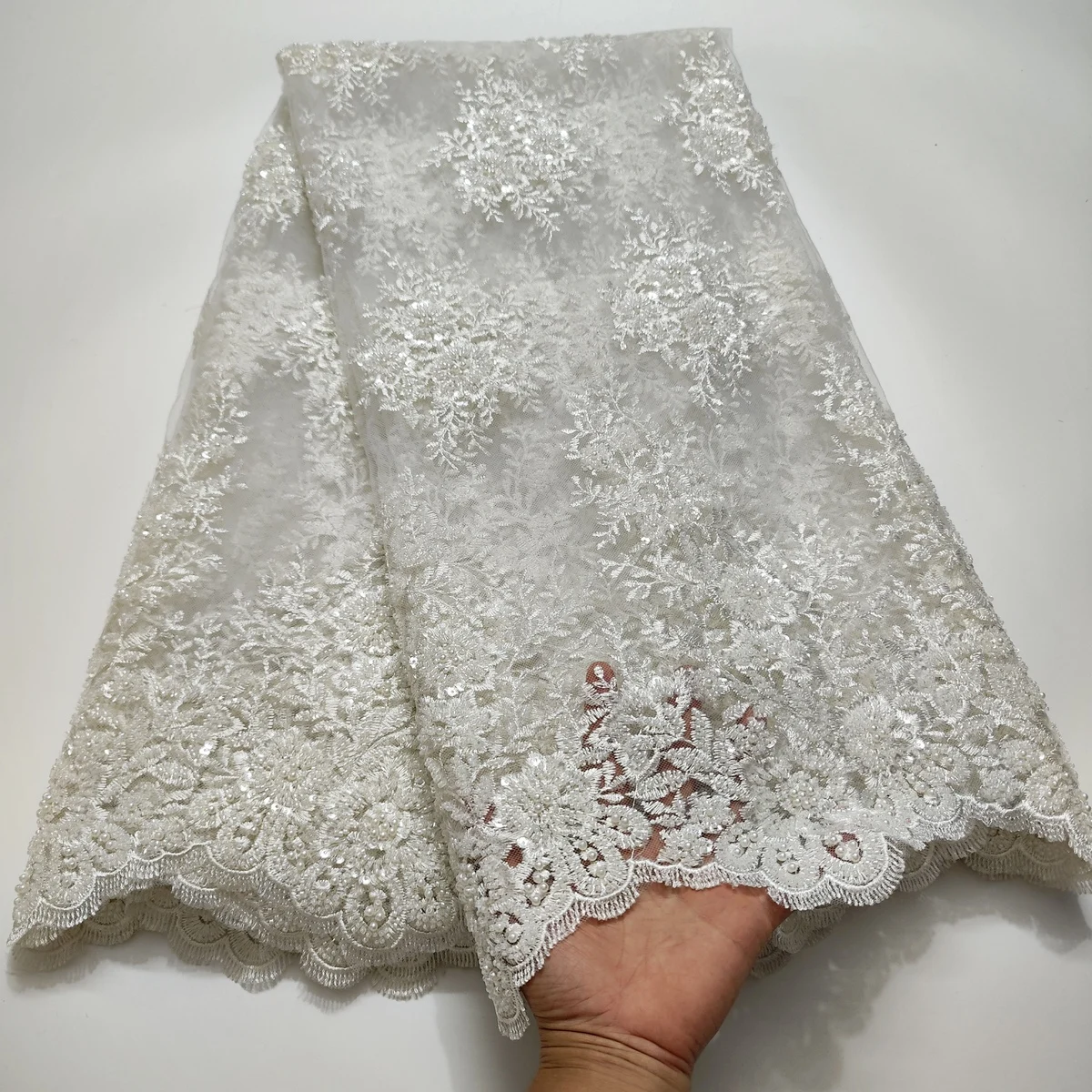 Luxury Ivory Beaded French Sequins Lace Fabric High Quality African Handmade Beads Lace Fabric For Bride Sew Material PWH23107