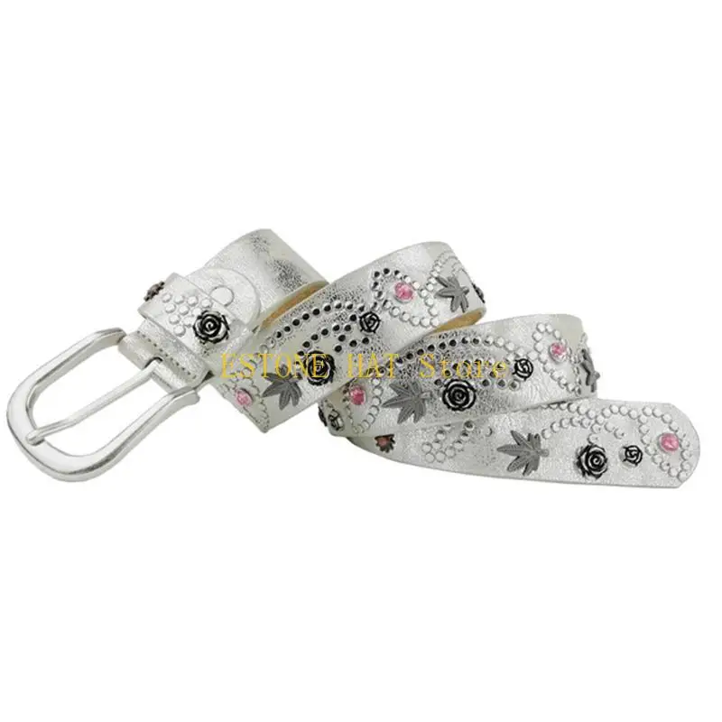 49MF Delicate Alloy Rivet Waist Belts for Jeans PU Belt for Woman Cowboy Cowgirl Teens Female Jeans Skirt Waistband