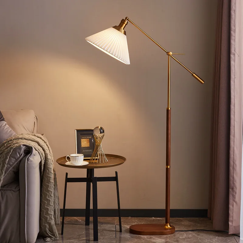 New Solid Modern Nordic Vintage Simple American Style Living Room Metal Walnut Wood Gold Decoration Standing Lamp Floor Lam