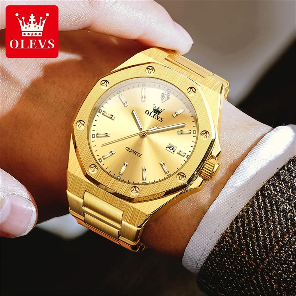 OLEVS Luxury Octagonal Golden Stainless Steel Quartz Watches for Men High Quality Auto Date Luminous Waterproof Man Wristwatch