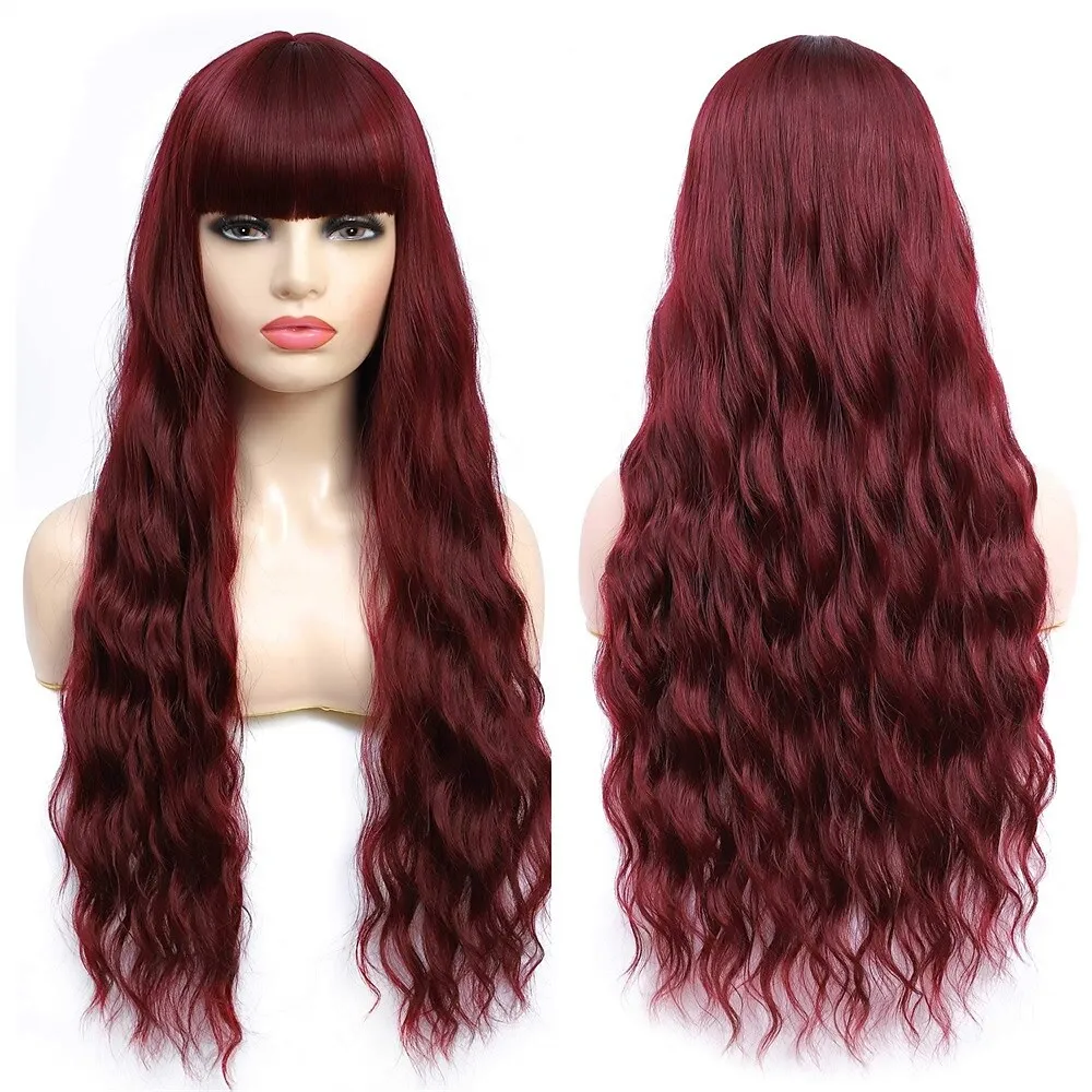 

Red Long Wavy Wig With Bangs Synthetic Body Wave Wig for Women