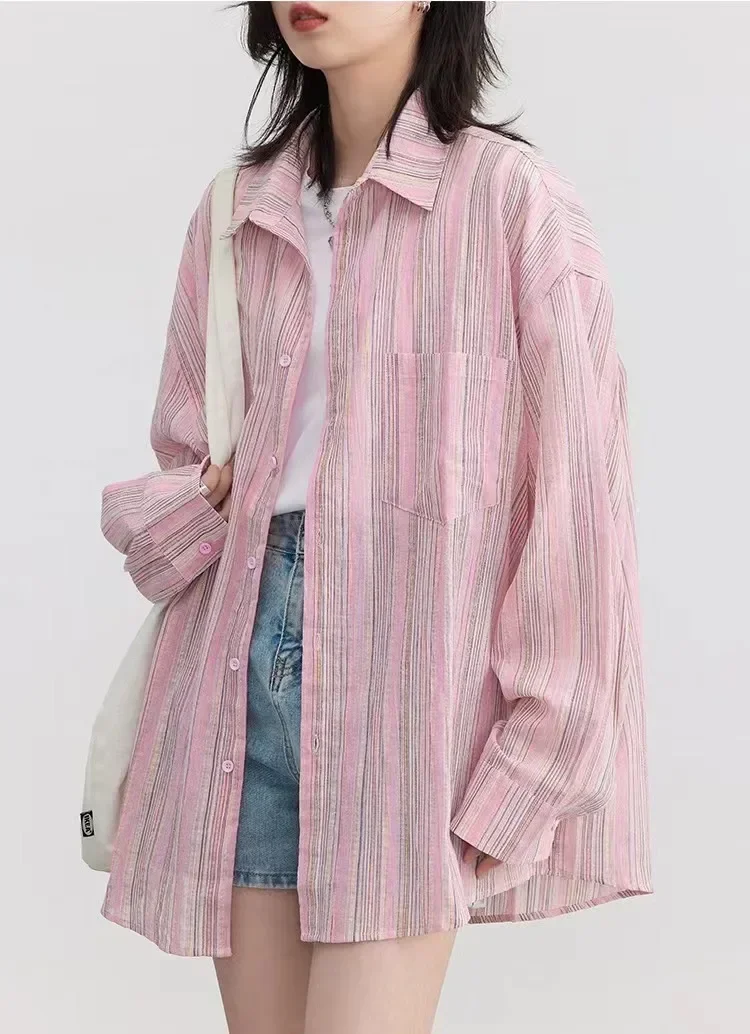 Fashion Women Shirt Loose Striped Pink Linen Blouses for Woman Long Sleeve Female Top Sunscreen Coat New 2025 Summer