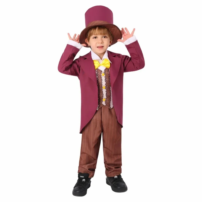 2025 NewMovie Willy Cosplay Fancy Chocolate Factory Costume Disguise Kids Boys Roleplay Outfit Men Haloween Carnival Party S AA