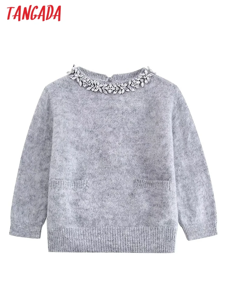 Tangada 2024 Women Beading Gray Knit Sweaters Short Sleeve Female Spring Jumper BE003