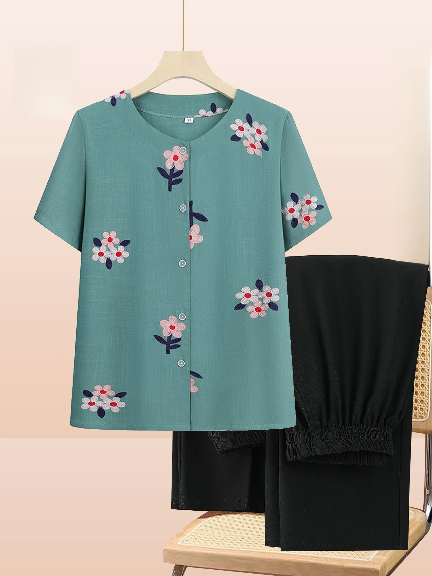 

Breathable Cotton Silk ort Sve irt And Pants Set for ly Women Summer Casual Loose Fit Embroidered round Ne Top