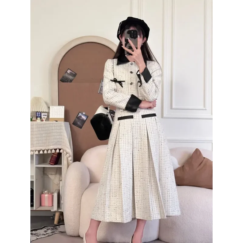 New Autumn Checkered Two-piece Set with Vintage and Elegant Women\'s Jacket+pleated High Waisted A-line Midi Skirt Set