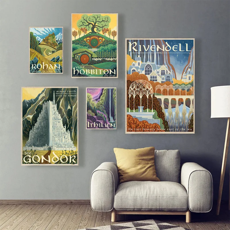 Abstract Nordic Illustration Wind Scenery Hobbit Castle Art Retro Travel Poster Canvas Painting Children's Room Home Decor