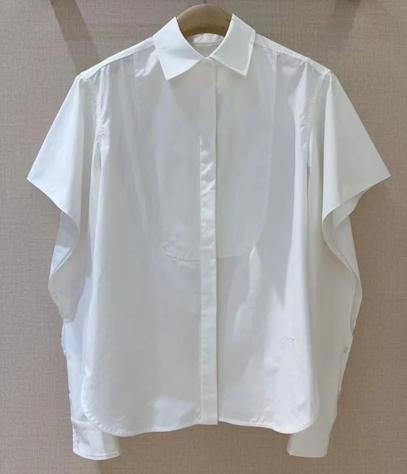 탑 패션 디자이너 블라우스 셔츠 2025 봄 여름 레이디 턴 다운 칼라 루렉스 자수 중공 슬리브 블루 화이트 셔츠