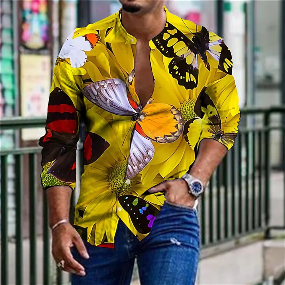 Men\'s Hawaiian shirt with leaf print stand up collar, single breasted long shirt, fashionable and trendy men\'s designer clothing