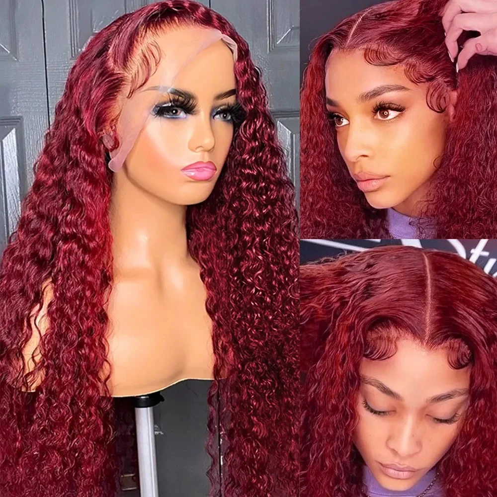 Perruque Lace Front Wig Naturelle Bouclée, Cheveux Humains, Couleur Rouge Bordeaux 99J, 13x4, 13x6, Transparent HD