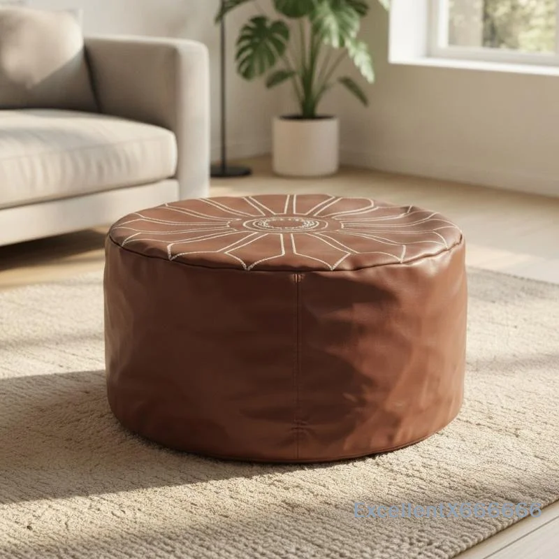 Fillable Embroidered Pattern Foldable Storage Pouf Ottoman PU Leather Footstool with Hidden Storage for Living Room Bedroom